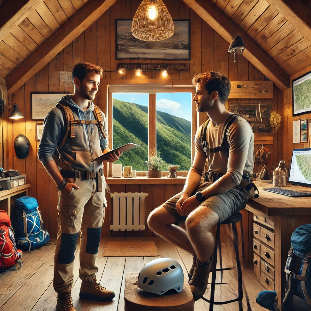 DALL·E 2024-10-27 16.11.53 - Inside a cozy wooden cabin that resembles the adventure school in the previous image, with warm lighting and adventure gear (helmets, backpacks, maps)