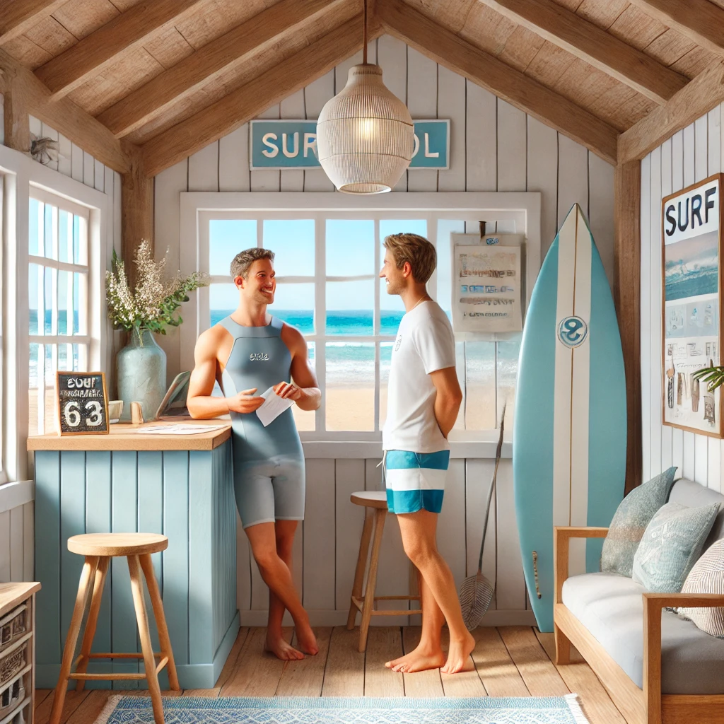 DALL·E 2024-10-27 16.24.00 - Inside a cozy beachside cabin resembling the surf school in the previous image, with wooden walls, light blue and white decor, and a tropical, airy fe