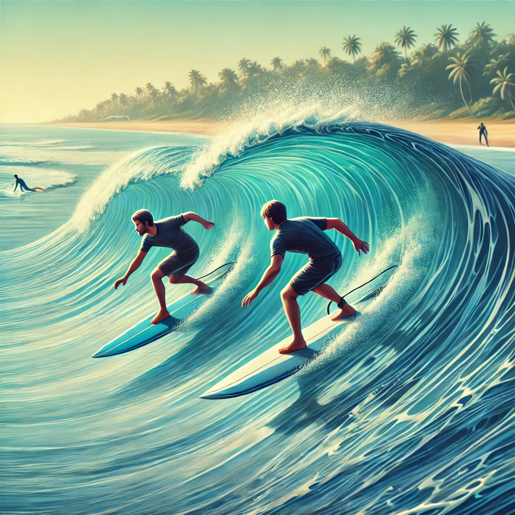 DALL·E 2024-10-27 16.25.19 - Two surfers riding the same ocean wave together, capturing the thrill of surfing in a calm, stylized, and sunny beach setting. The wave is large and c