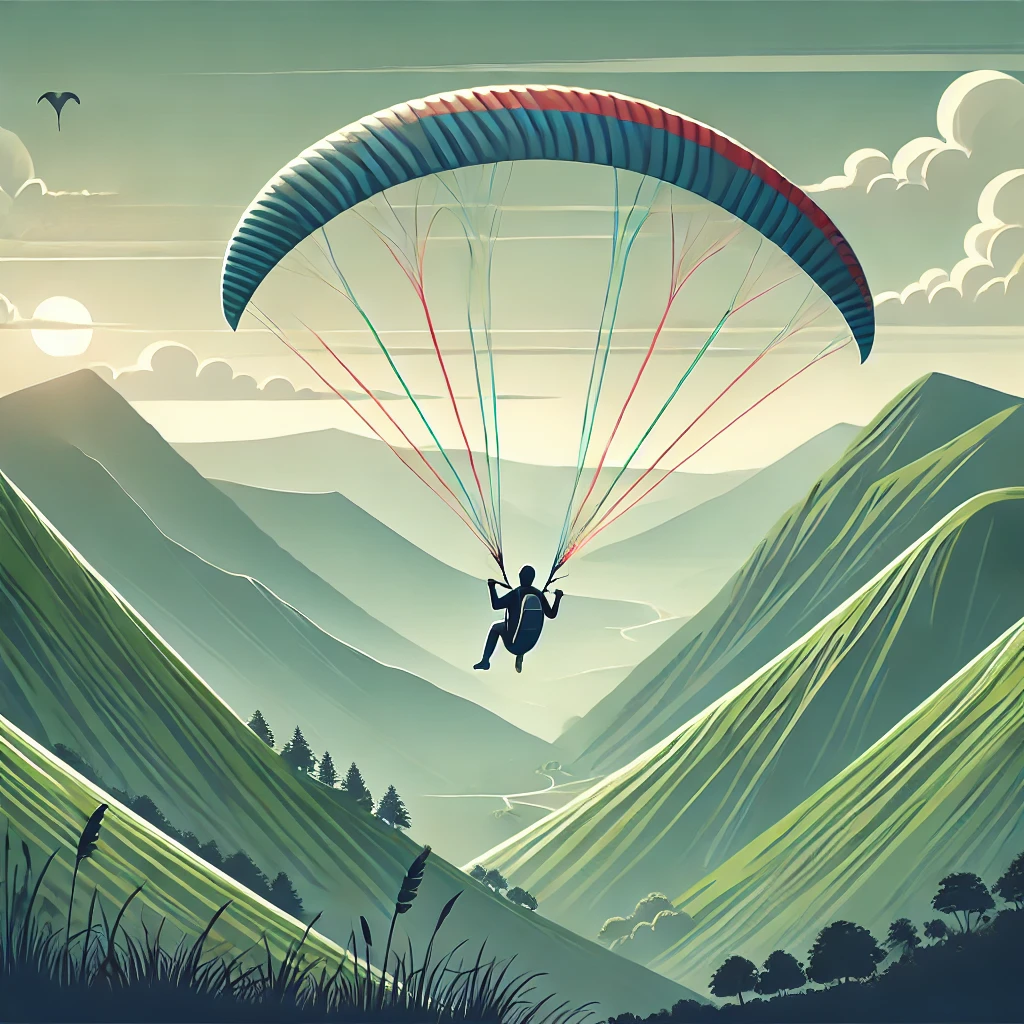 DALL·E 2024-10-27 16.58.06 - A wide view of a man paragliding high above green mountains, capturing the full scene with the paraglider, harness, and the man enjoying the freedom o