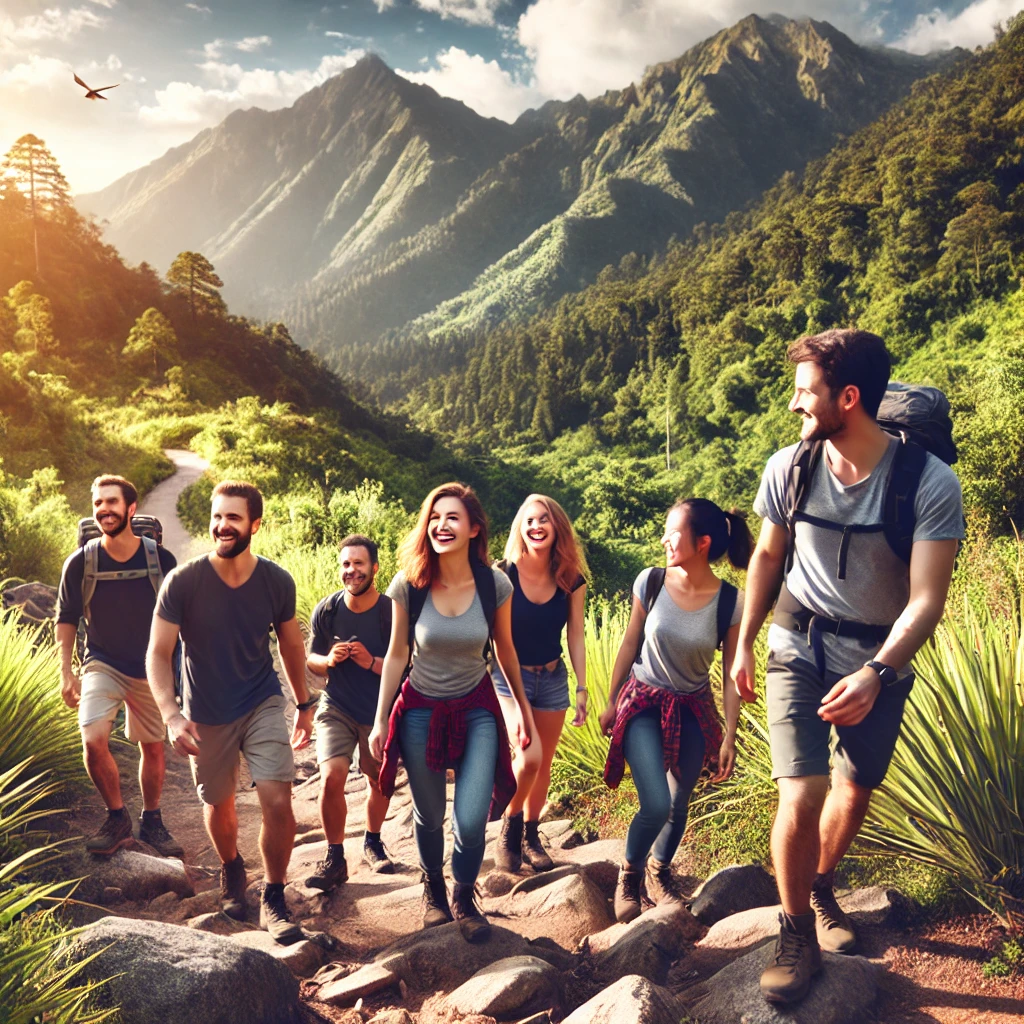 DALL·E 2024-10-27 17.04.47 - A group of people hiking together on a scenic mountain trail, smiling and enjoying the moment. The scene captures a sense of adventure, teamwork, and